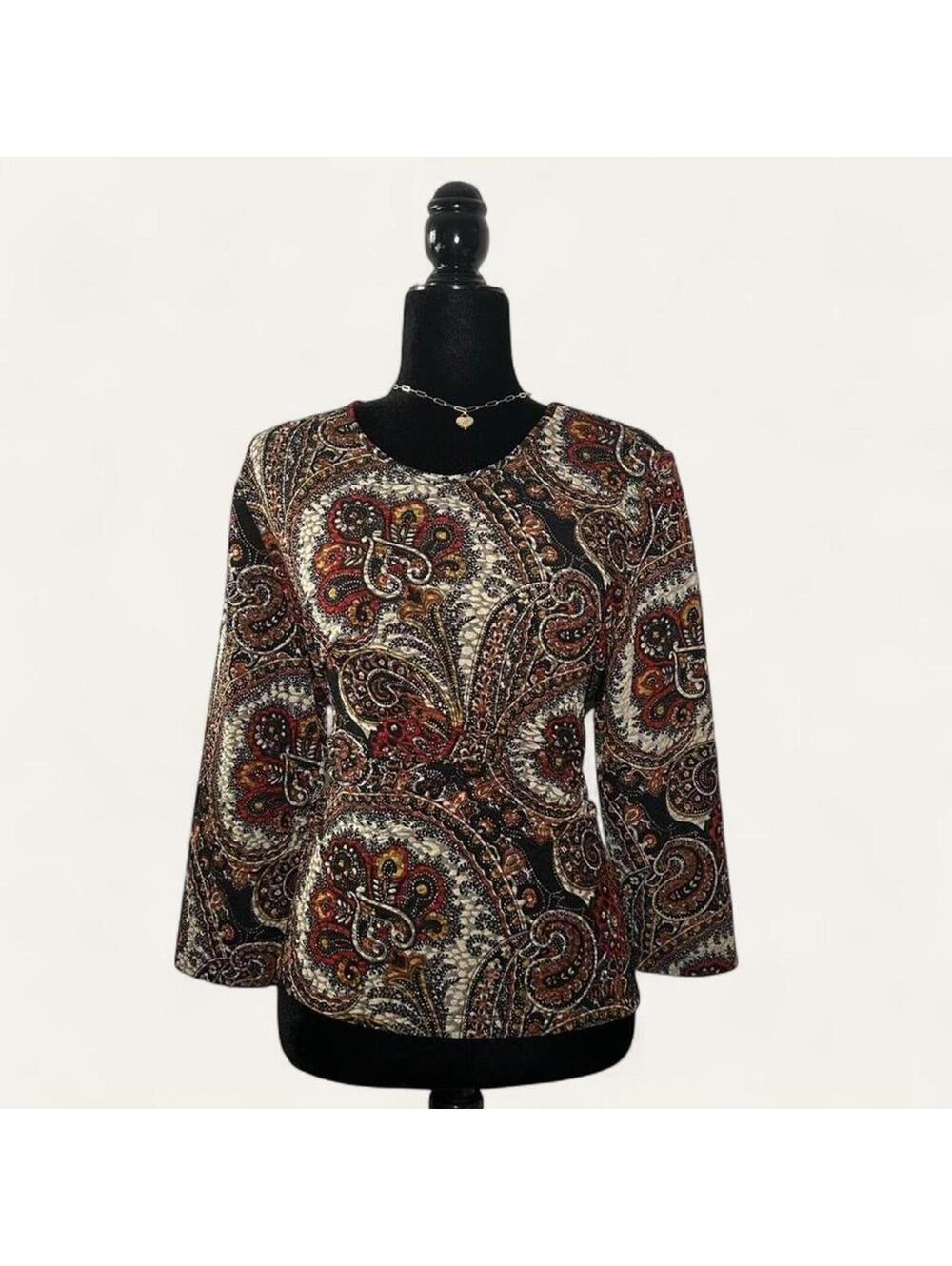Vintage Y2K Tanjay Petite Paisley 3/4 Sleeve Top Beige Minimalist Size Large